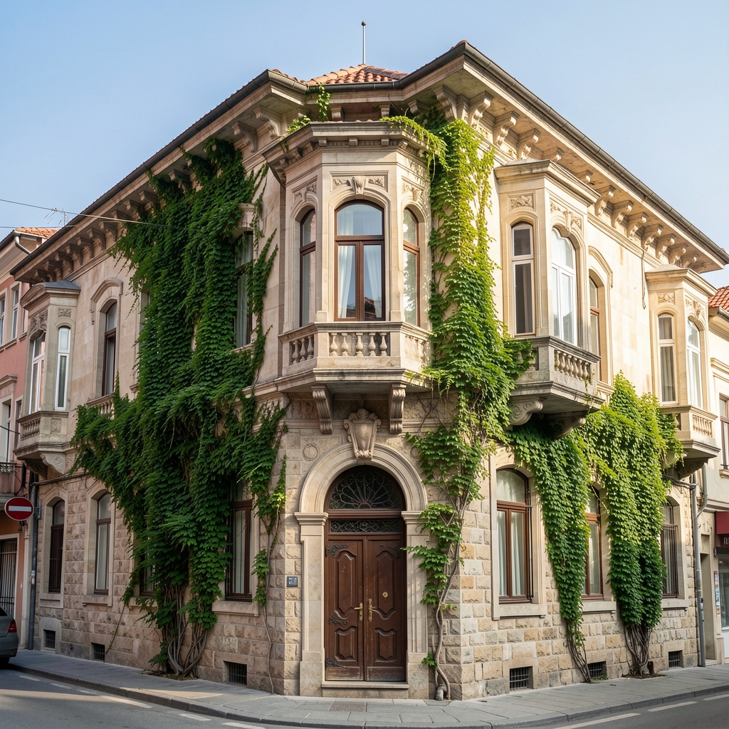 Kadrel Gümüşsuyu merkezi, İnönü Caddesi No 22, tarihi İstanbul binası, gündüz vakti çekilmiş dış cephe fotoğrafı, sarmaşıklı taş duvarlar