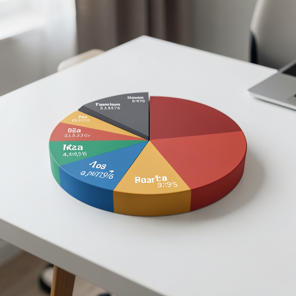 Fotoğraf ekipmanı pazar analizi grafiği, farklı kamera marka pazar paylarını gösteren pasta grafik, beyaz masa üzerinde