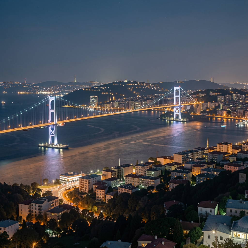 İstanbul panoramik gece manzarası, Boğaz köprüsü ışıkları ve şehir silüeti, uzun pozlama fotoğraf tekniği