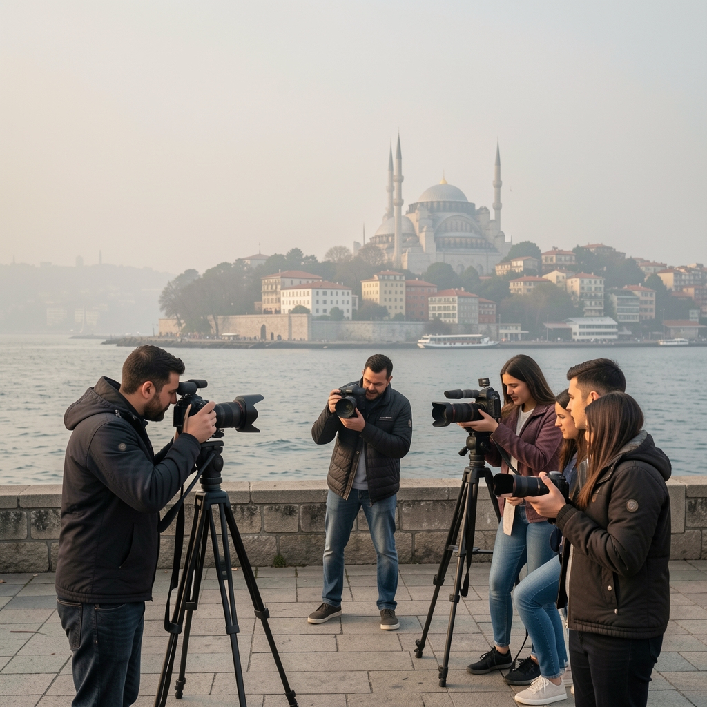 Fotoğrafçılık kursunda öğrenciler dış mekanda çekim yapıyor, İstanbul tarihi yarımada arka planda, sis ve doğal ışık