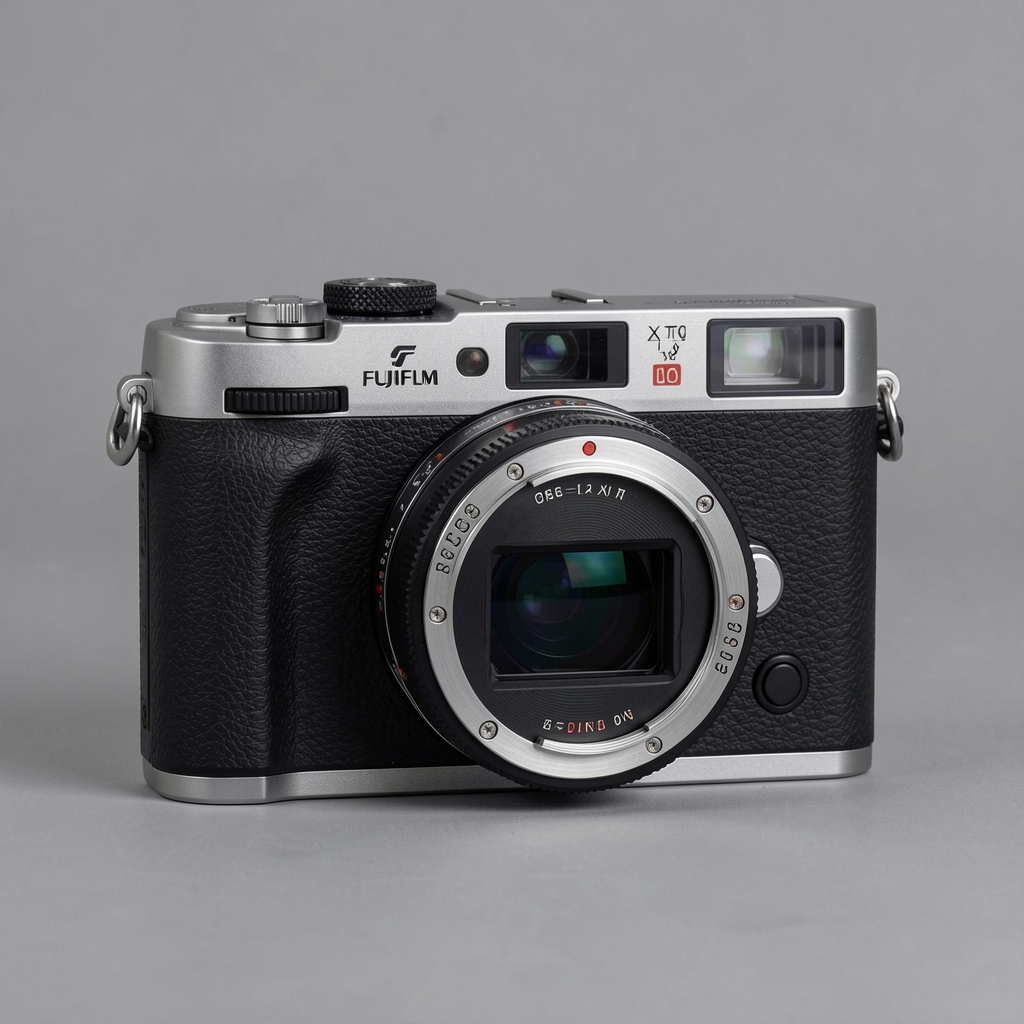 Fujifilm X-T5 fotoğraf makinesi metal gövdesi, retro tasarım kontrol kadranları ve siyah makine üzerindeki detaylar, gri arka plan