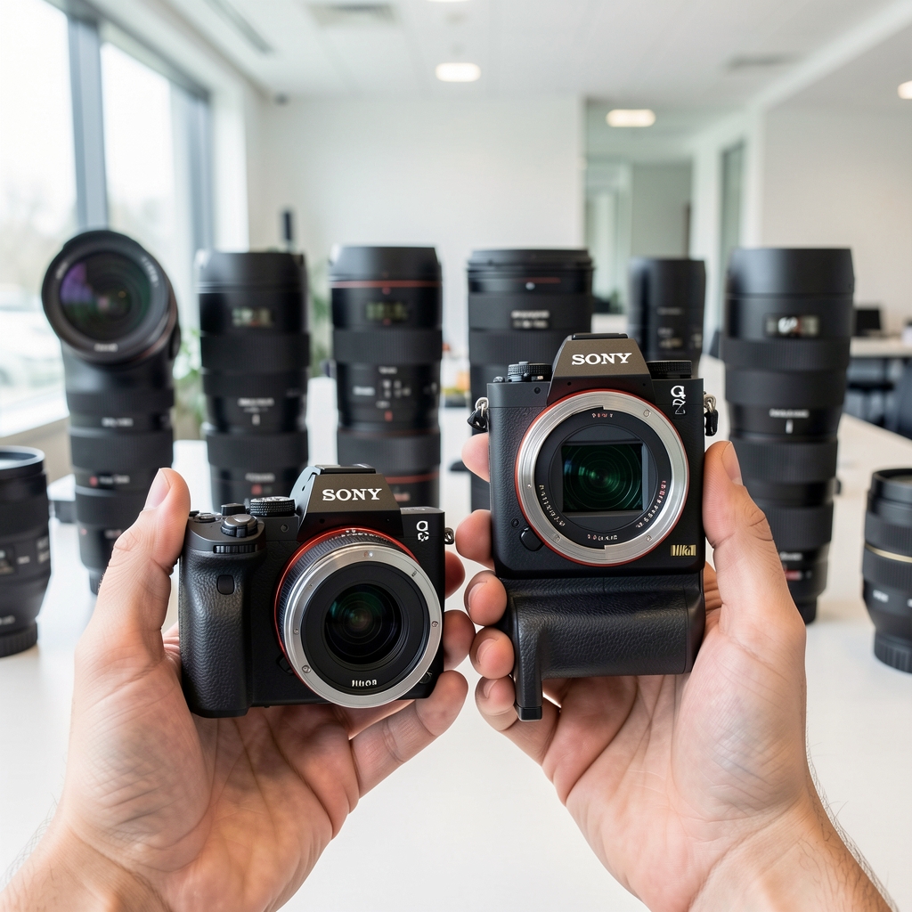 Profesyonel fotoğrafçı elinde Sony ve Nikon aynasız kamera gövdelerini yan yana tutarken lens seçenekleri arka planda