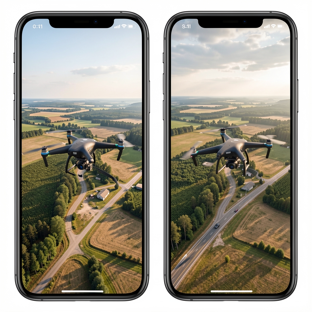 Dikey formatlı telefon ekranında drone çekimi fotoğrafları ile geleneksel yatay kompozisyon fotoğrafları yan yana karşılaştırma