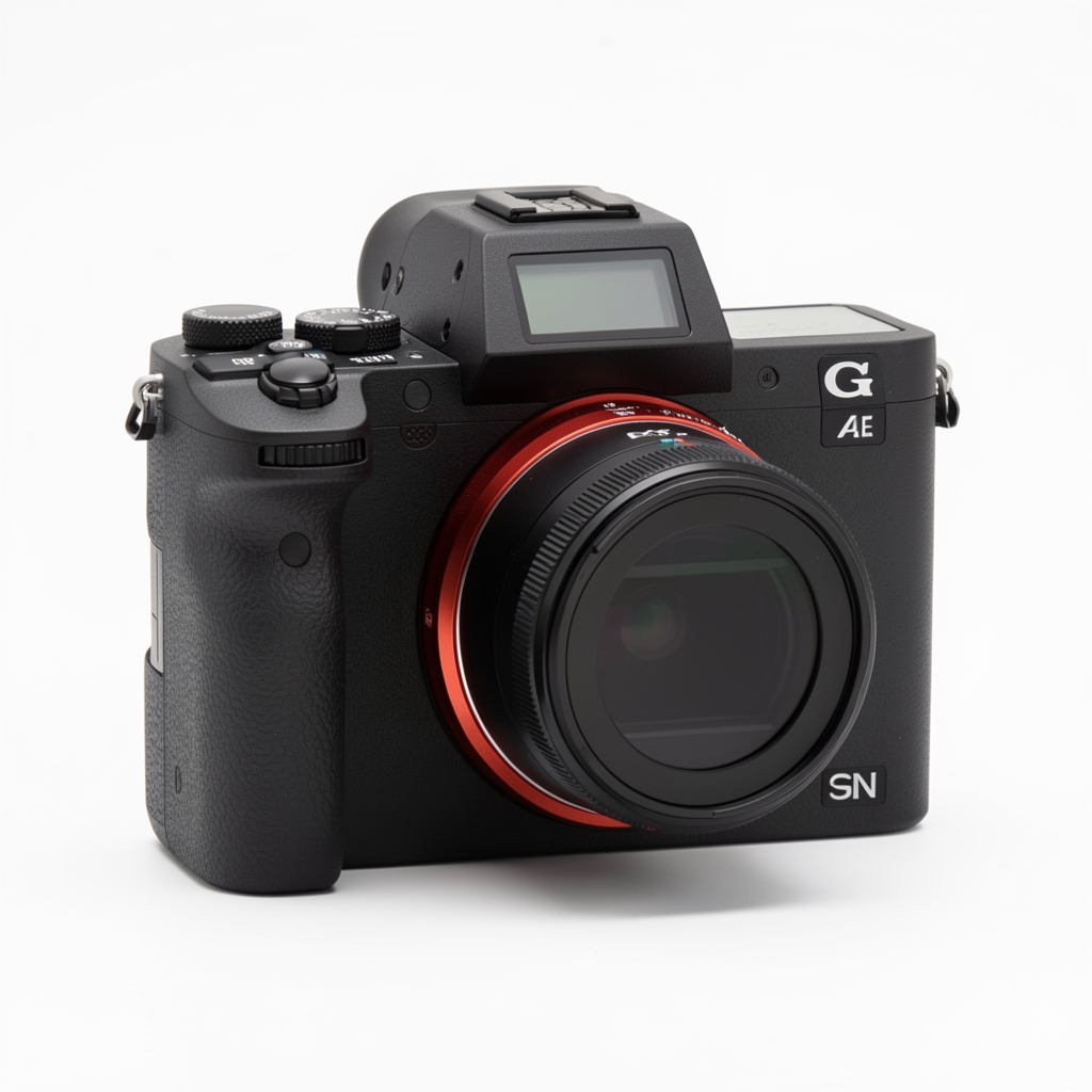 Sony A7 IV tam çerçeve kamera yakın plan, kompakt siyah gövde, ergonomik tutuş ve üst LCD panel, beyaz stüdyo arka planı