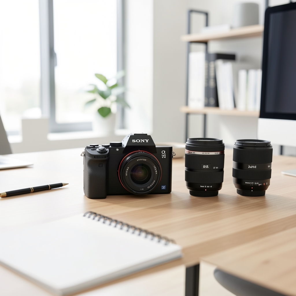 Canon EOS R6 Mark II aynasız kamera beyaz stüdyo arka planında, RF 50mm f/1.8 lens takılı, kırmızı Canon logosu görünür