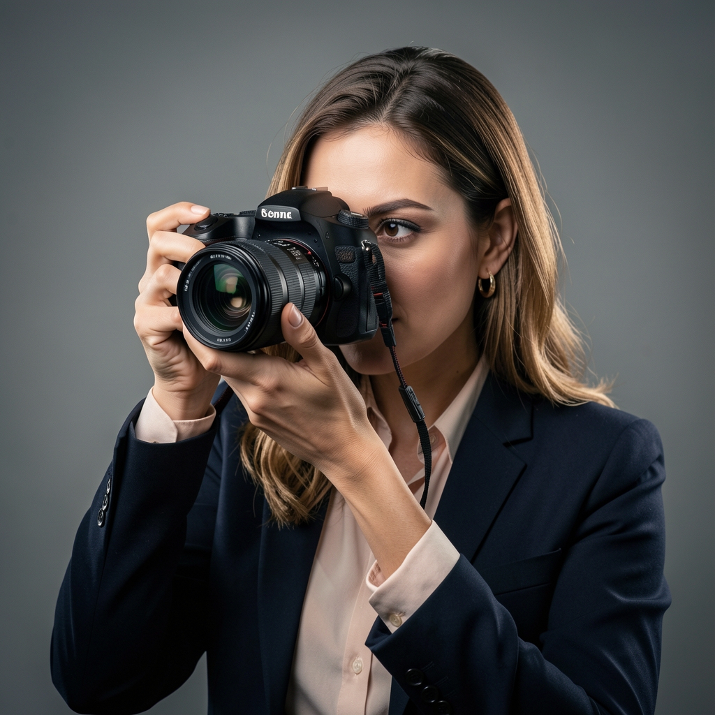 Kadın fotoğraf muhabiri profesyonel kamerasına bakıyor, İstanbul stüdyo ortamı