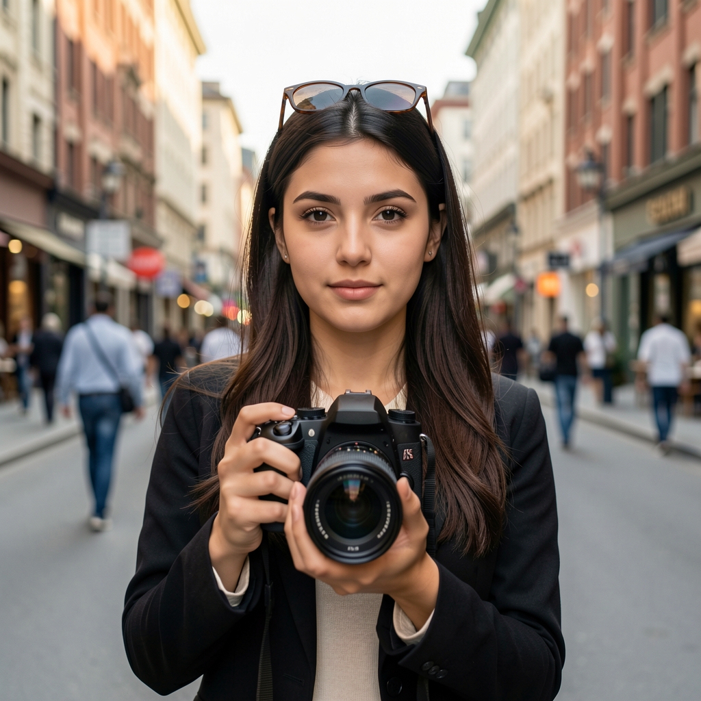 Fotoğrafçı Selin Erdem, genç Türk kadın, siyah fotoğraf makinesi elinde, şehir ortamında kadreden bakış