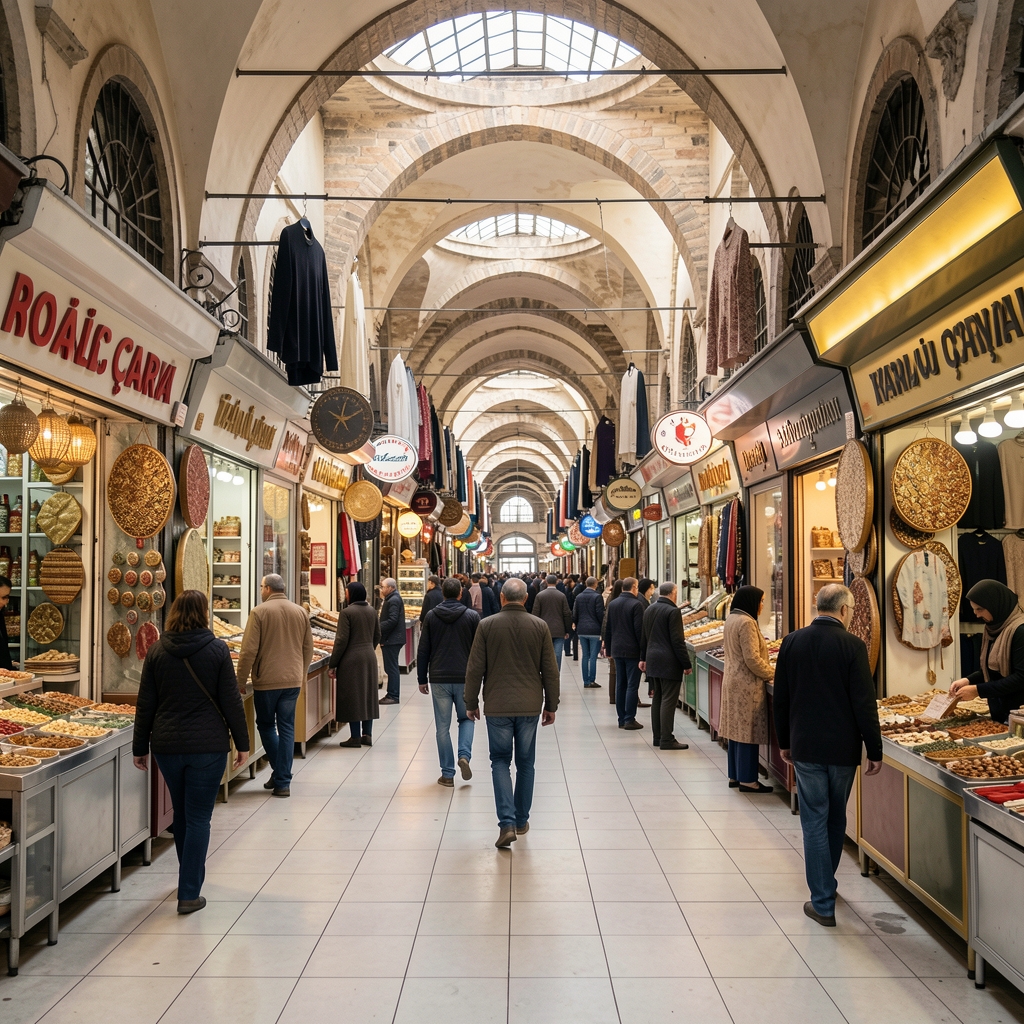 İstanbul Kapalıçarşı'nın içinde altın rengi kubbe aydınlatmasının altında çalışan bakırcı ustası, çevresinde geleneksel bakır kaplar ve müşteri kalabalığı