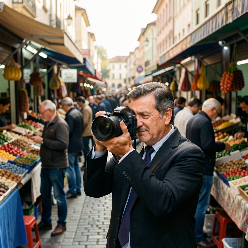 Belge fotoğrafçısı sahada çekim yaparken, kalabalık pazar ortamında kamerayla dikkat çekici bir an yakalıyor