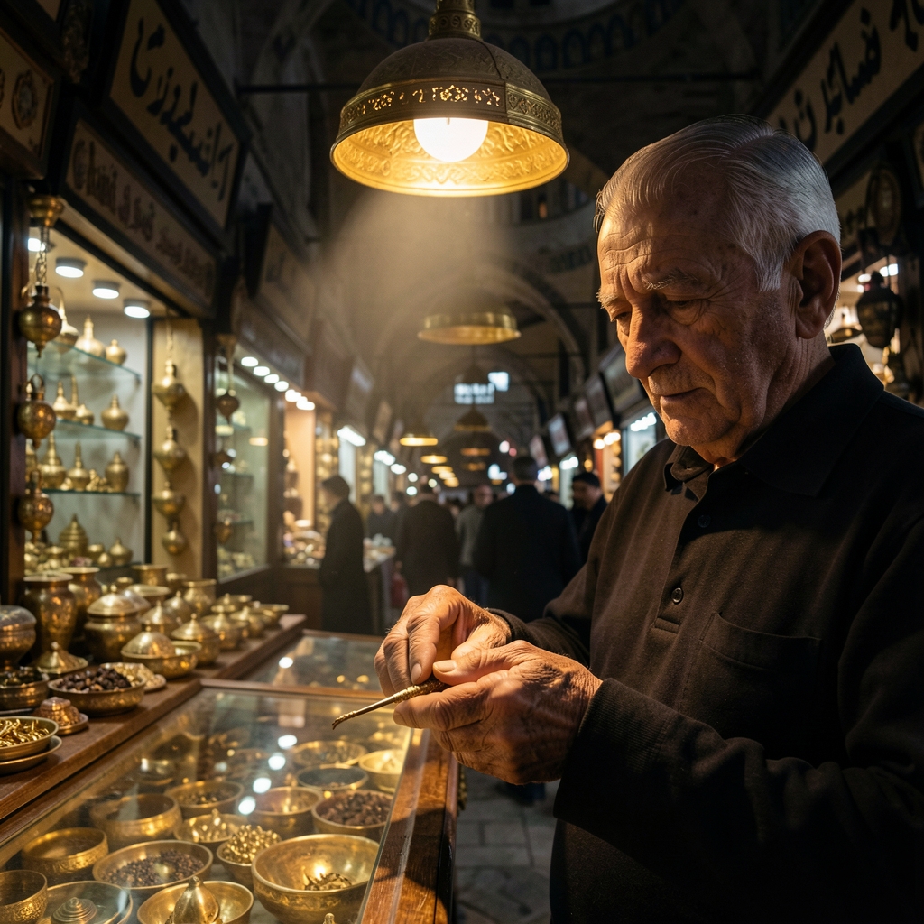 Kapalıçarşı kubbesinden süzülen dar ışık huzmesi yaşlı bir altın kuyumcusunun ellerine vururken karanlık arka planda diğer dükkanlar belirsizleşiyor