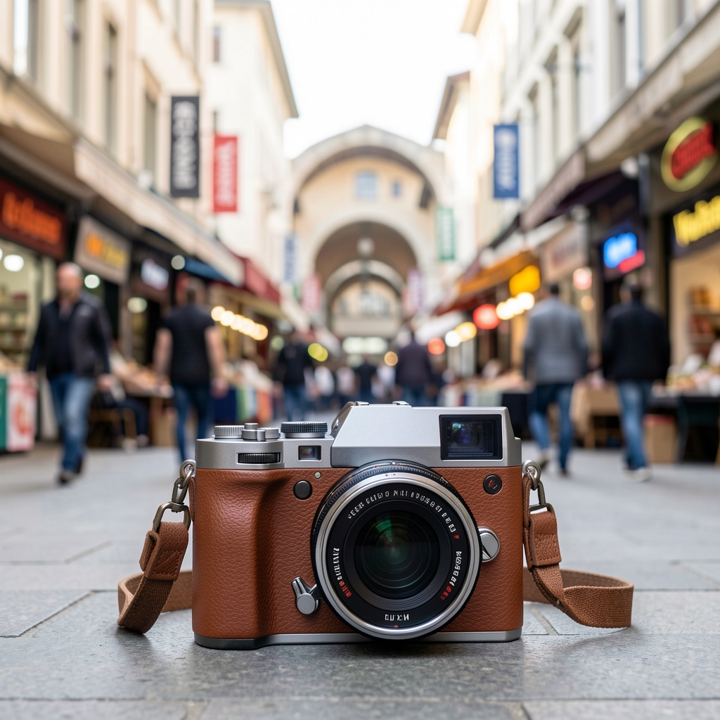 Fujifilm X-T5 retro kahverengi deri gövde kılıfıyla açık havada, İstanbul Kapalıçarşı arkaplan bulanık, sokak fotoğrafçılığı sahnesi