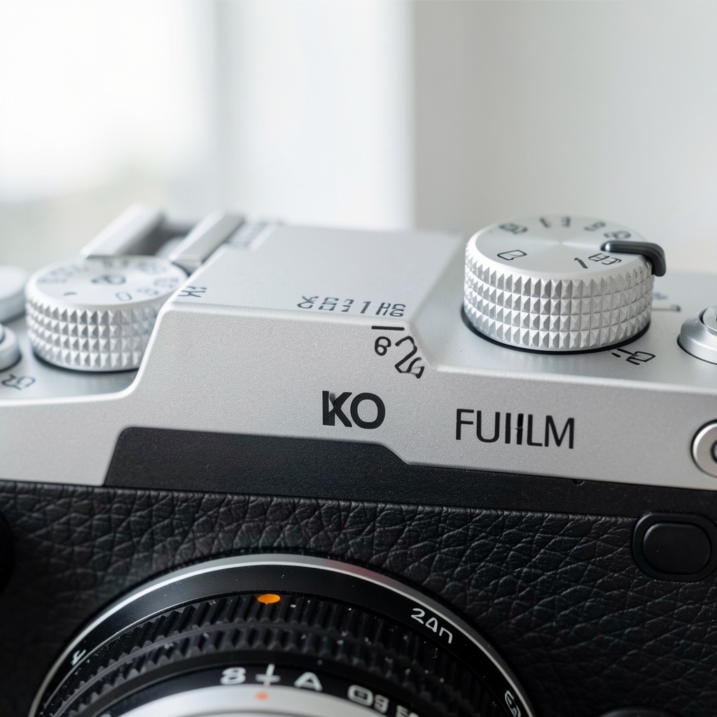 Fujifilm X-T5 üst panel yakın plan, gümüş ISO kadranı, shutter speed kadranı ve pozlama düzeltme teker­leği görünür