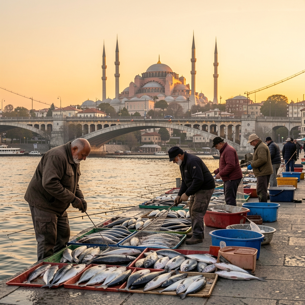 İstanbul Eminönü köprüsünde sabah erken saatlerde sıralanmış balıkçılar, Haliç'in sisli arka planı ve Süleymaniye Camii silueti