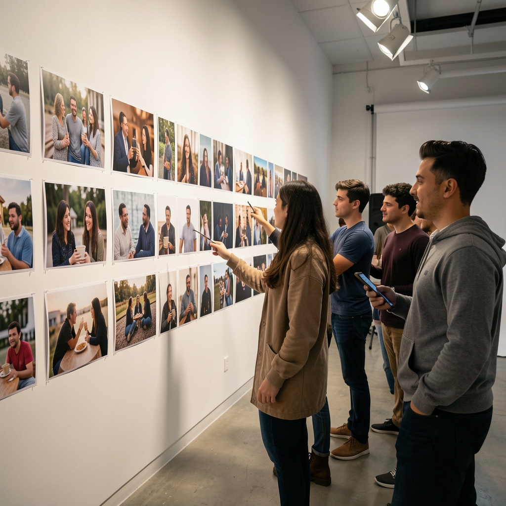 Görsel hikaye anlatımı atölyesinde öğrenciler büyük beyaz duvara asılmış fotoğraf baskılarını sekans sırasına göre düzenlerken, stüdyo ışığı altında anlatı akışı tartışılıyor