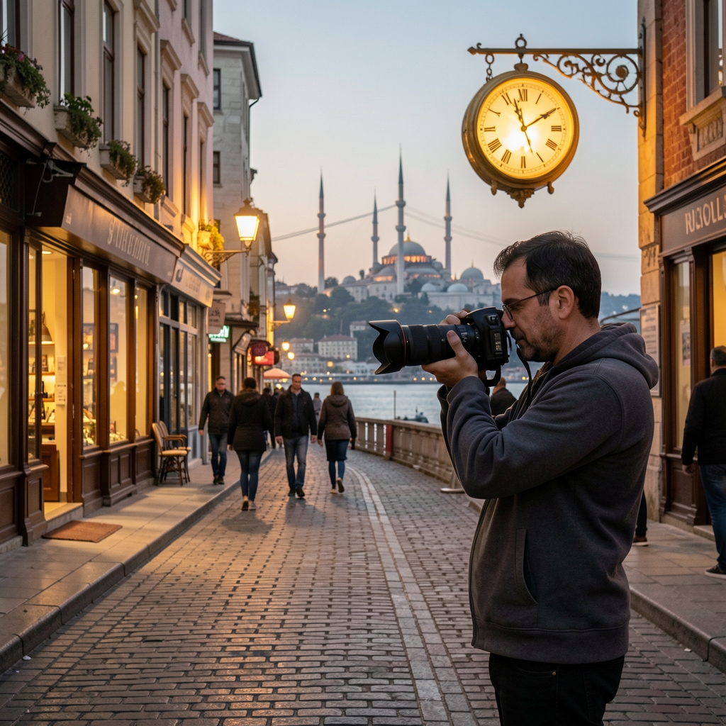İstanbul sokaklarında foto muhabiri, arka planda tarihi Boğaz silueti ve altın saat ışığı, belge fotoğrafçılığı sahnesi