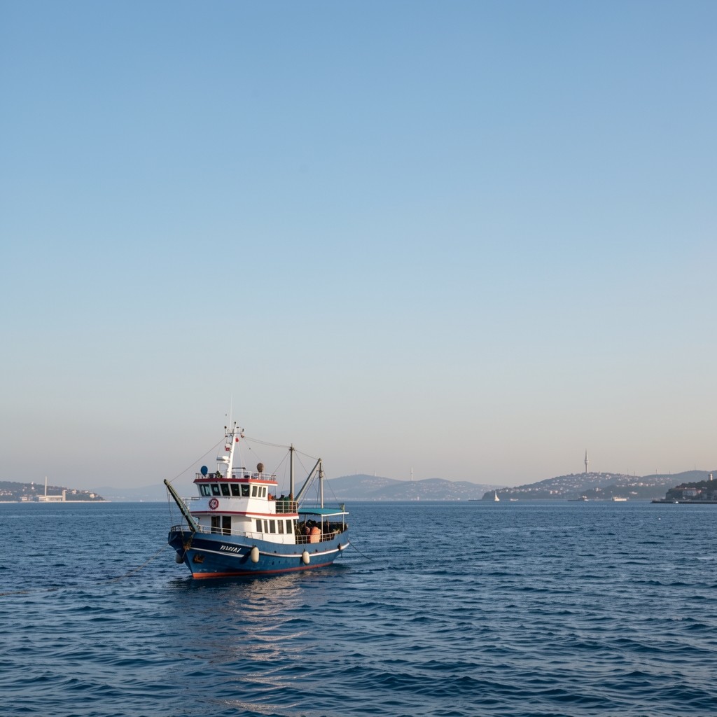 Fotoğrafta görülen üçler kuralı ızgarası: İstanbul sahilinde balıkçı teknesi kıyıda, ufuk çizgisi altta üçte bir noktada ve gökyüzü büyük boşluk bırakarak üstte yer alıyor