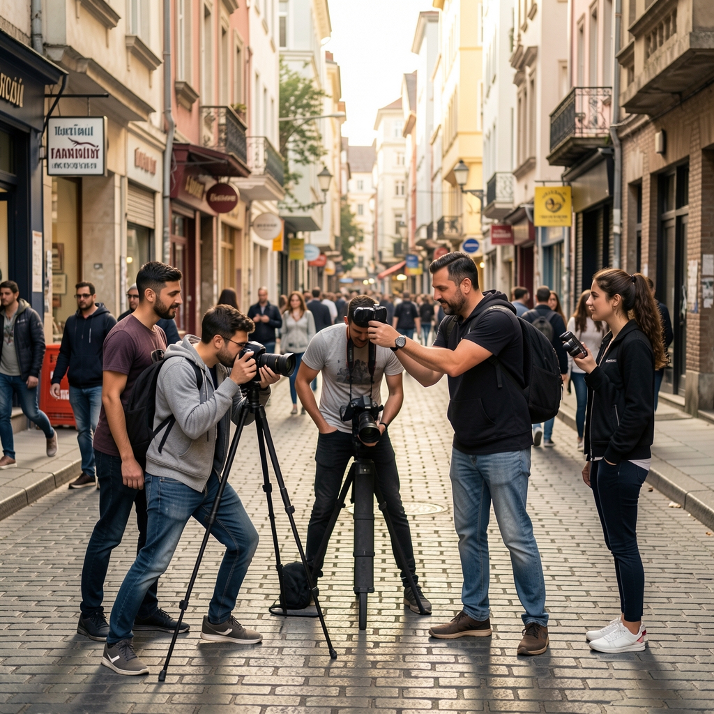 Belge fotoğrafçılığı kursu atölye ortamı, öğrenciler İstanbul sokaklarında pratik çekim yapıyor, eğitmen yönlendiriyor