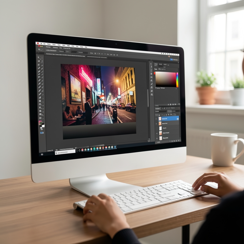 Dijital fotoğraf post-prodüksiyon kursu, bilgisayar ekranında Adobe Lightroom Classic ile fotoğraf renk düzeltme işlemi