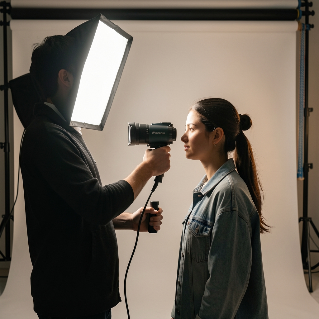 Stüdyo portre fotoğrafçılığı kursu, öğrenci büyük format Profoto flaş kurulu stüdyoda model yönlendiriyor