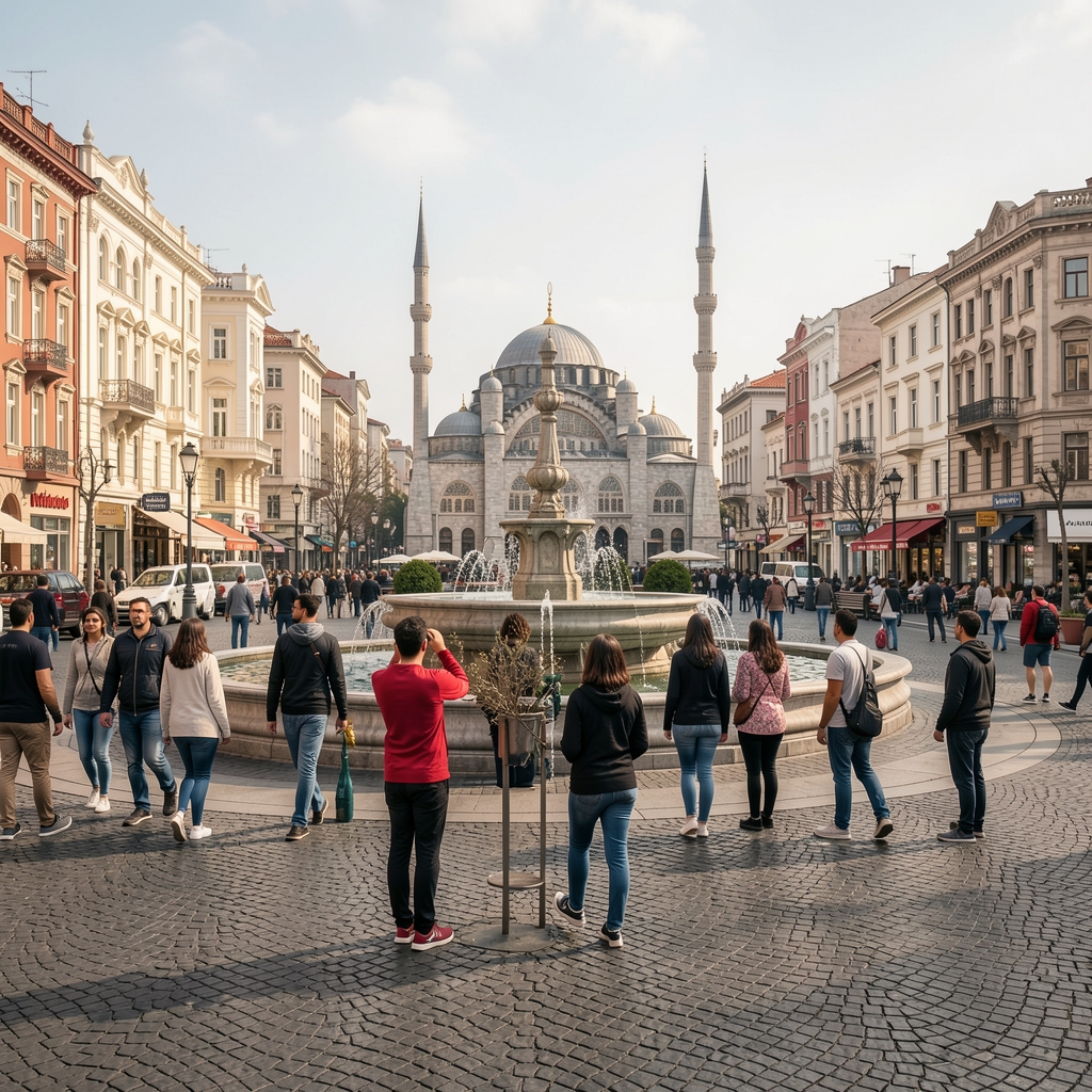 Sokak fotoğrafçılığı kursu, öğrenciler İstanbul Taksim Meydanı'nda candid portreler çekerken, kalabalık ve hareket blur efekti