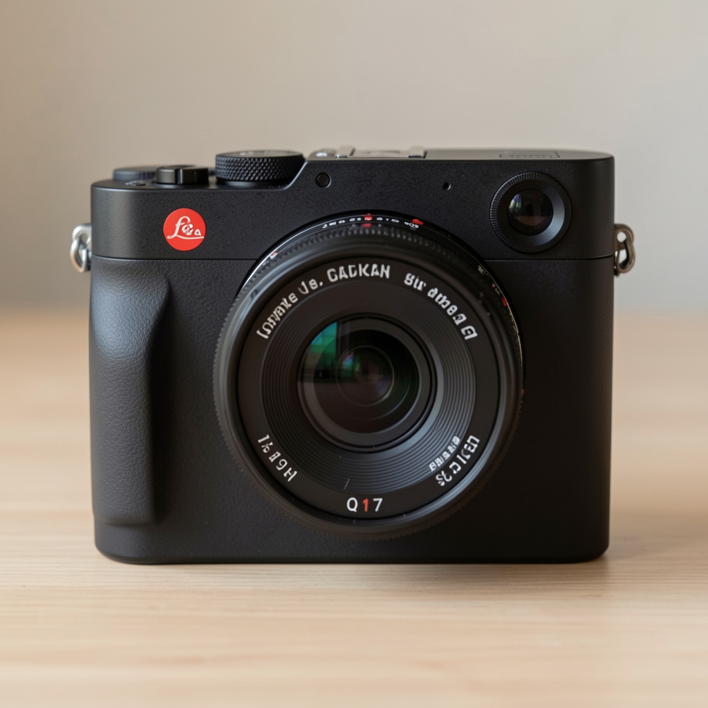 Leica Q3 kompakt tam kare kamera, ikon­ik kırmızı nokta logo, sabit 28mm f/1.7 Summilux lens, siyah anodize gövde