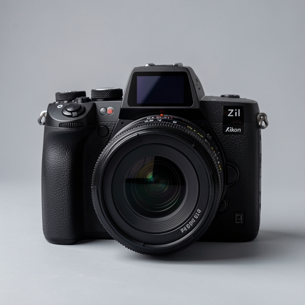 Nikon Z6 III aynasız fotoğraf makinesi siyah gövde, Z bajoneti büyük lens yuvası, üst OLED ekran ve fiziksel kontrol düğmeleri, fotoğraf stüdyosu arka planı