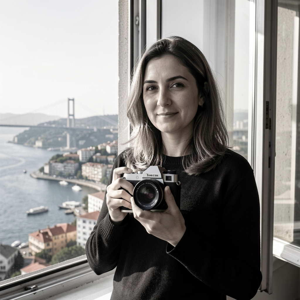 Fotoğrafçı Ayşe Kaya portresi, sol eliyle Leica M kamerasını tutuyor, siyah beyaz fotoğraf, İstanbul Boğazı manzaralı pencere önünde duruyor, doğal yan ışık aydınlatması