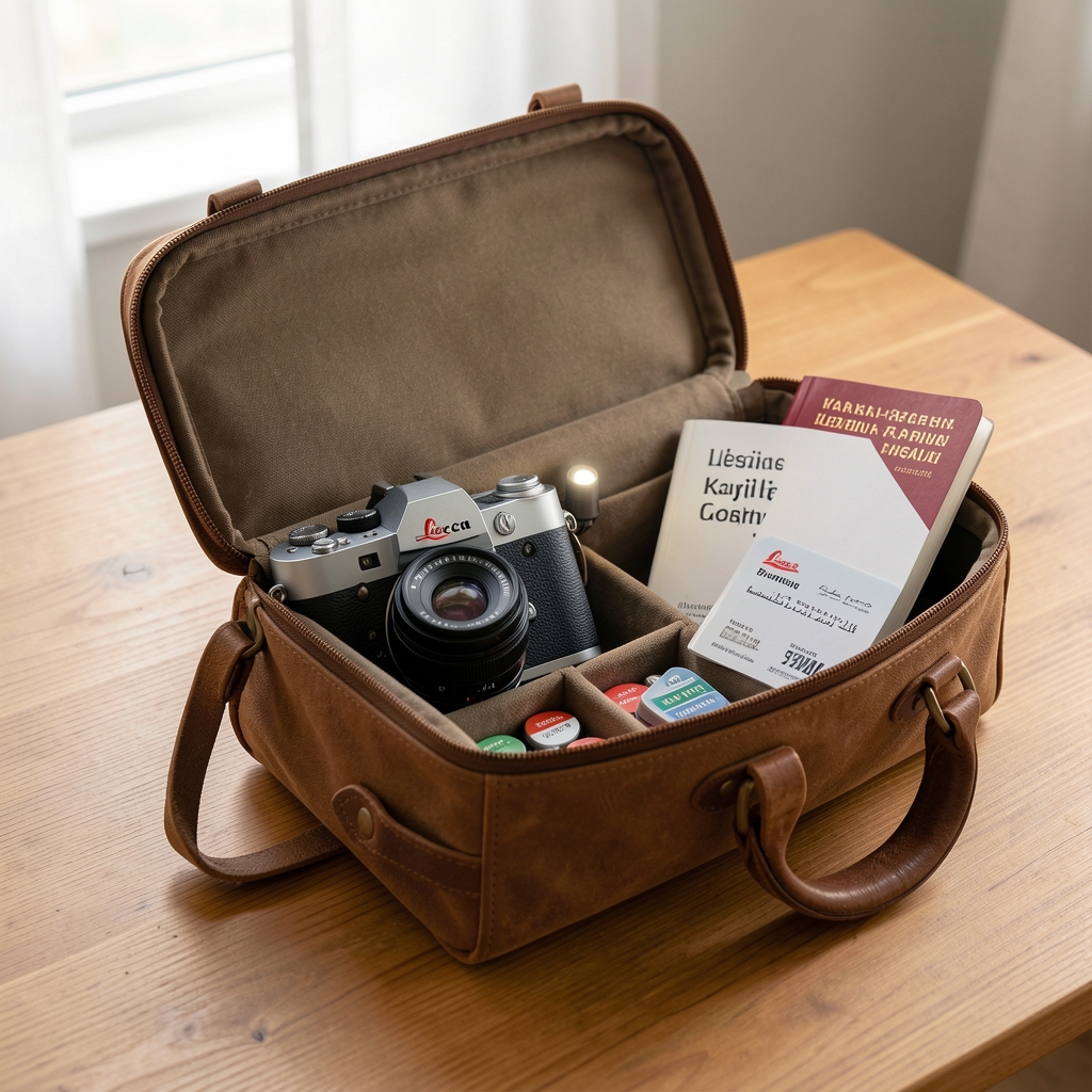 Fotoğrafçının saha çantası açık şekilde masada duruyor, içinde Leica M11, yedek piller, küçük LED ışık, basın kartı ve Türkçe-Arapça sözlük görünüyor