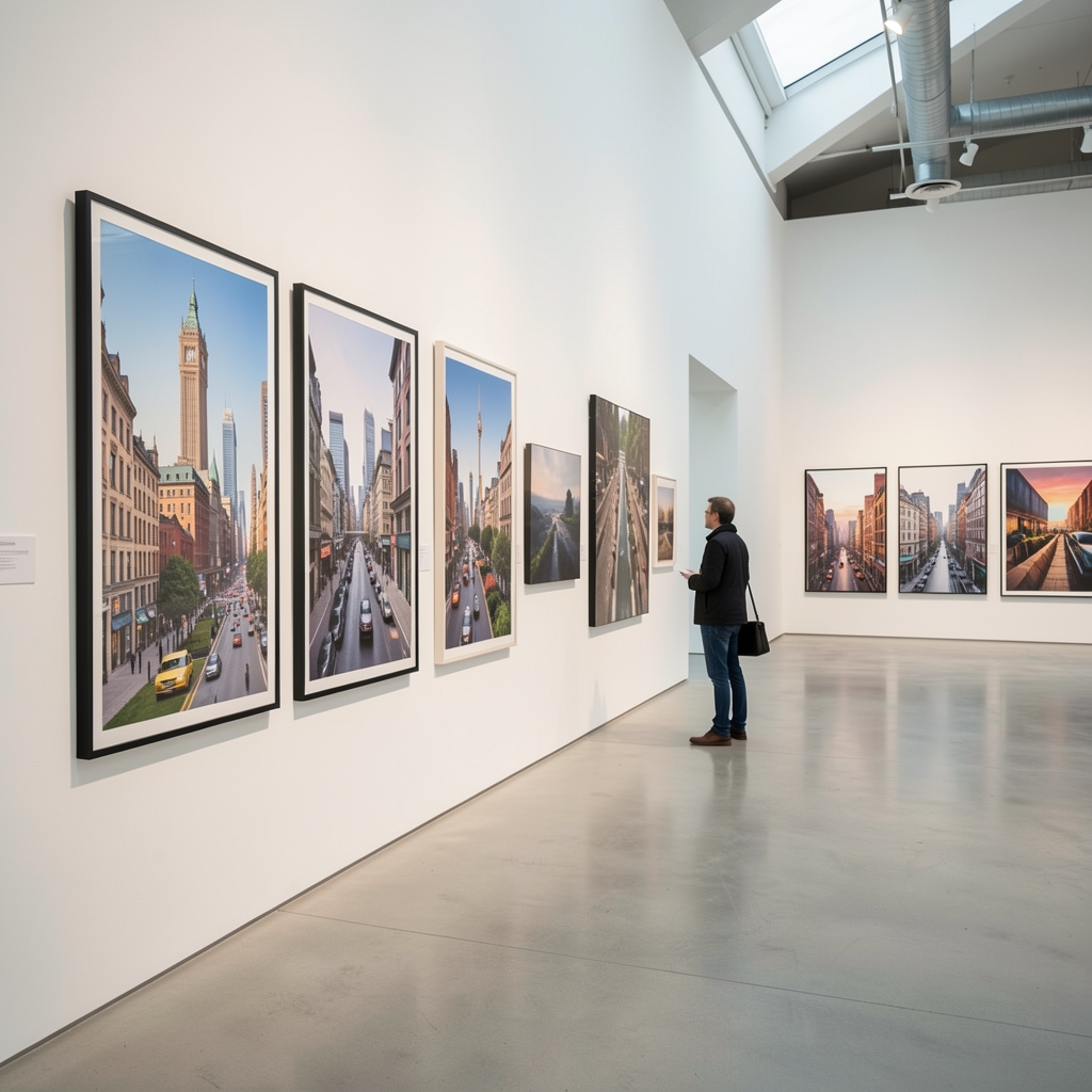 Büyük beyaz duvarlı çağdaş sanat galerisinde fotoğraf sergisi, uzun vadeli maruziyetle çekilmiş şehir fotoğrafları çerçeveli olarak asılı, boş zeminde tek ziyaretçi incelerken