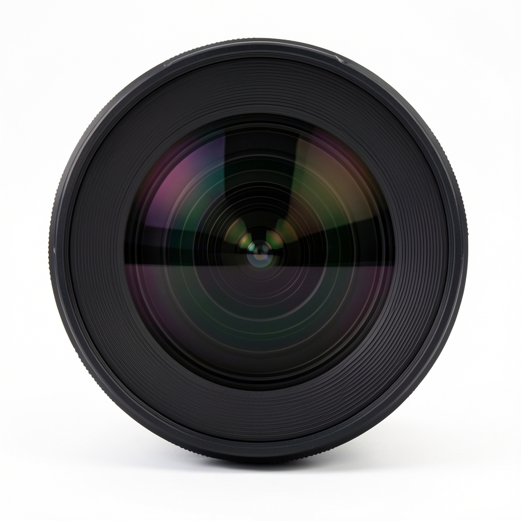 Sigma 24-70mm f/2.8 DG DN Art serisi lens, geniş açılı sapma çizgisi görünür, siyah mat yüzey, beyaz arka plan