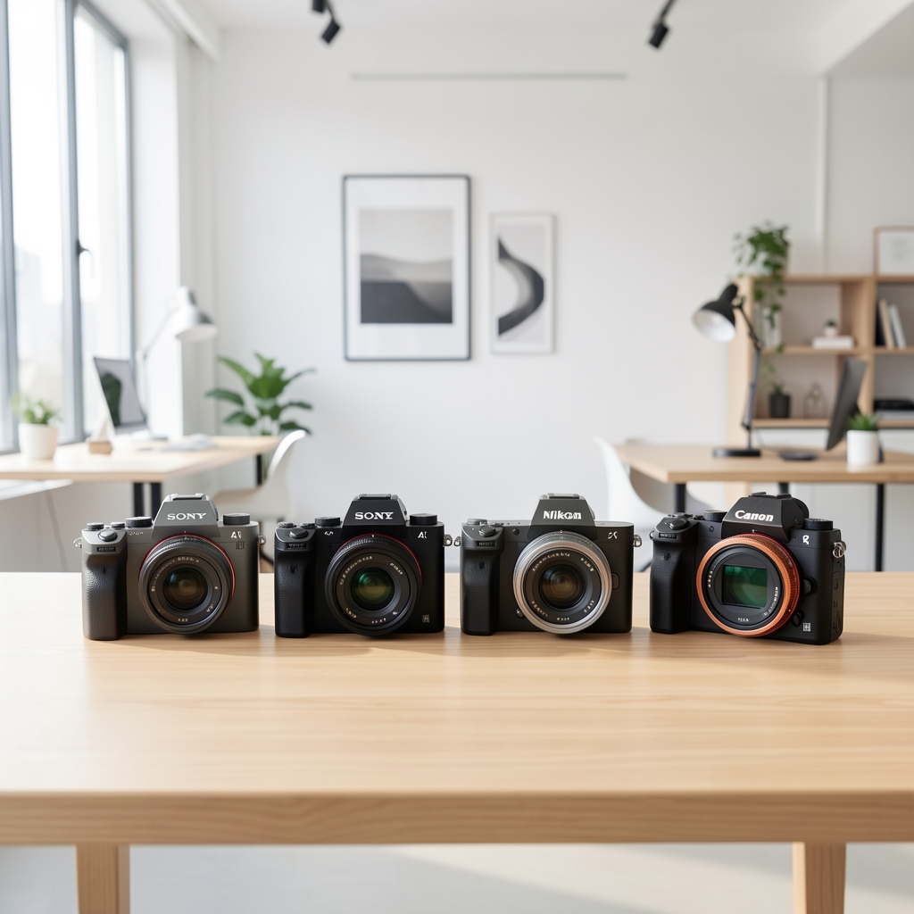 Dört farklı mirrorless kamera gövdesi ahşap stüdyo tezgahında yan yana sıralanmış: Sony A7 IV, Fujifilm X-T5, Nikon Z6 III ve Canon EOS R6 Mark II, profesyonel fotoğraf stüdyosu arka planı