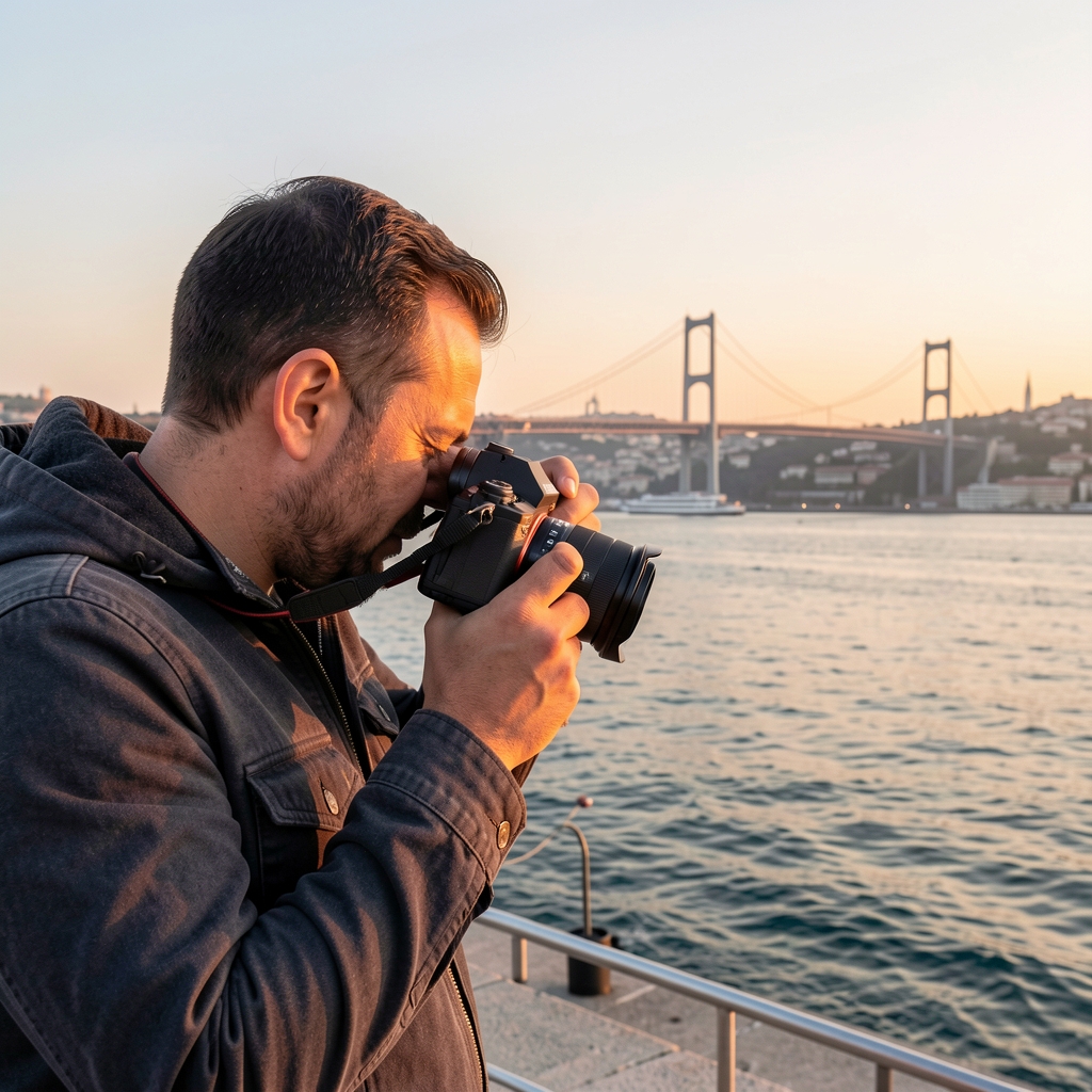 Fotoğrafçı elinde Sony A7 IV kamera, İstanbul Boğazı kıyısında alan testi yapıyor, günbatımı ışığı